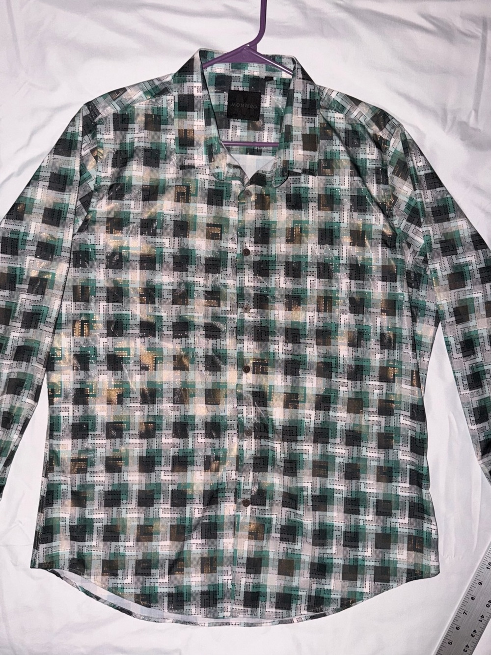 Montero Men’s XL Long Sleeve Shirt Geometric Print Green Black Gold Retro